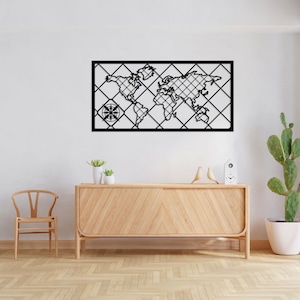 Metalen wereldkaart muurkunst, ingelijste wereldkaart metalen muurdecoratie, esthetische wereldkaart, metalen wereldkaart met zwarte lijst voor ontwerp thuis en op kantoor