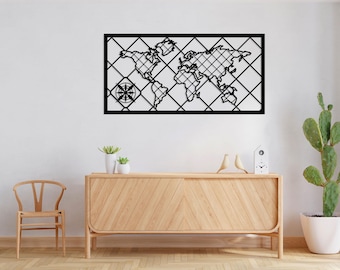 Framed World Map Metal Wall Art: Modern Home Office Decor