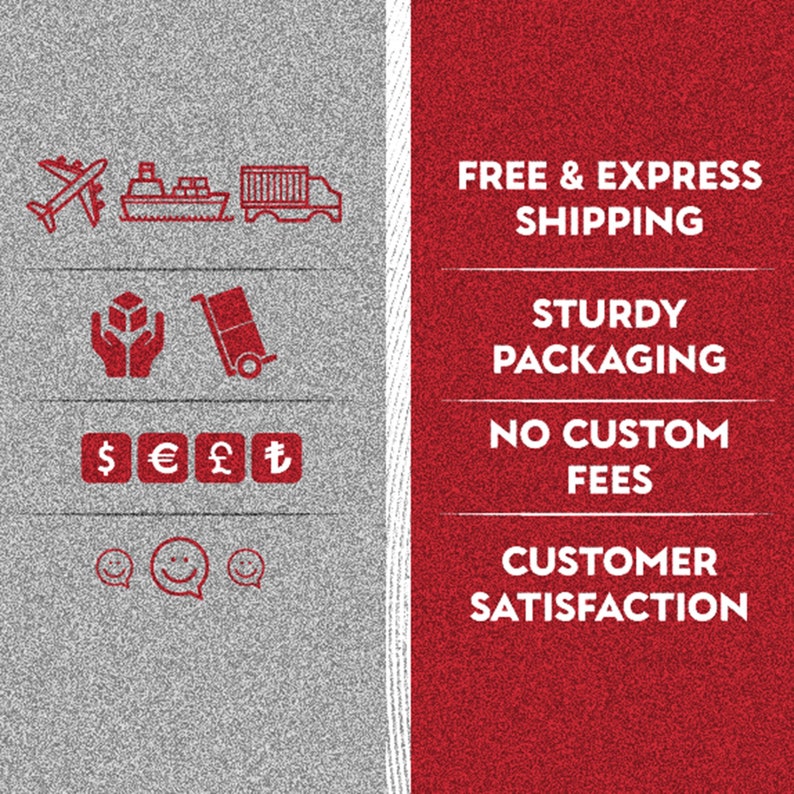May include: A graphic with red icons and text on a gray and red background. The icons represent shipping, packaging, currency, and customer satisfaction. The text reads "FREE & EXPRESS SHIPPING", "STURDY PACKAGING", "NO CUSTOM FEES", and "CUSTOMER SATISFACTION".