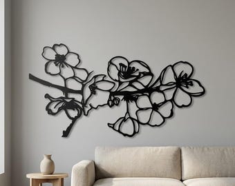 Floral Branch Metal Wall Art, Black Botanical Wall Decor for Living Room
