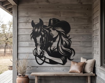 Woman Horse Metal Wall Art – Rustic Cowgirl Silhouette Decor Sign