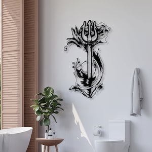 May include: Black metal wall art depicting a trident with waves crashing around it. The trident is a symbol of power and strength, while the waves represent the ocean.