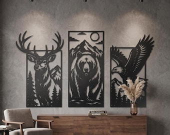 Wildlife Metal Wall Art Set of 3 - Deer Bear Eagle - Black Cabin Decor