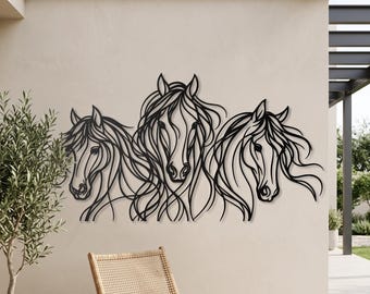 Three Horse Metal Wall Art – Black Line-Art Animal Silhouette Home Decor