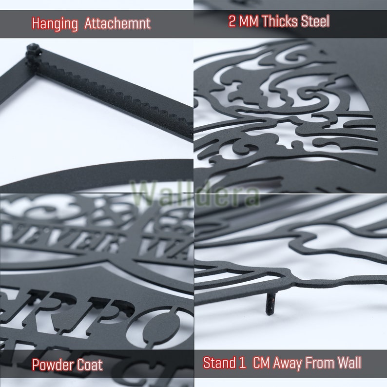 May include: Black metal wall art featuring a stylized design with the text "RPO" and "Powder Coat". The art is 2 mm thick and has a hanging attachment. It stands 1 cm away from the wall.