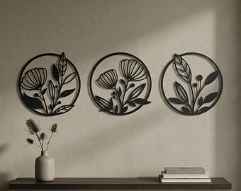 Poppy Flowers Metal Wall Art, 3-Piece Poppy Flower Decoration Set