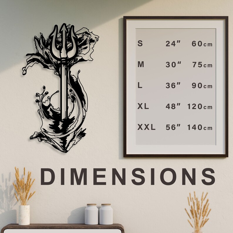 May include: Black metal wall art depicting a trident with waves. The art is available in five sizes: S (24" x 60cm), M (30" x 75cm), L (36" x 90cm), XL (48" x 120cm), and XXL (56" x 140cm).