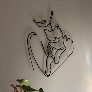 猫を抱いた女性のメタルラインアート、猫を抱いた女性のメタルウォールアート、猫好きのワイヤーウォールアート、猫好きへのギフト、最高のギフト、母の日ギフト