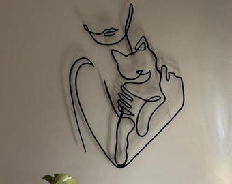 Metal Woman Line Art With Cat, Woman Holding Cat Metal Wall Art, Cat Lovers Wire Wall Art, Cat Lovers Gift, Best Gift, Christmas Gift
