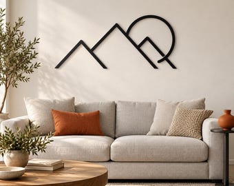 Mountain Metal Wall Art - Minimalist Geometric Peaks and Sun Decor