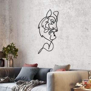 Dessin au trait en métal Husky & Woman : décoration murale moderne pour amoureux des chiens