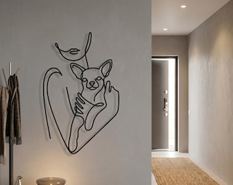 Chihuahua Line Art Metal Wall Art – Woman and Dog Minimalist Sign
