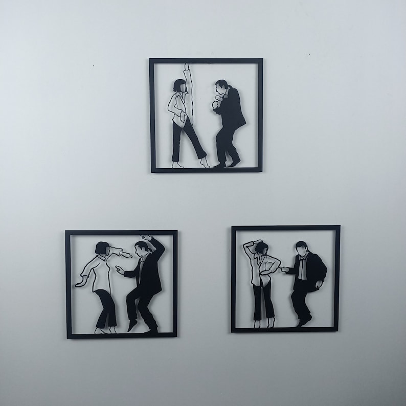 May include: Three black and white silhouette wall art pieces depicting a couple dancing. The art pieces are framed in black and mounted on a white wall.