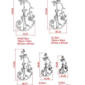 May include: Line drawing of five different sizes of a violin-shaped wall decor. The sizes are labelled as HUGE, XL, L, M, and S. The measurements are listed in both centimetres and inches.