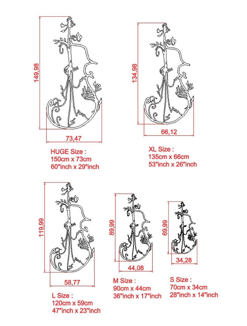May include: Line drawing of five different sizes of a violin-shaped wall decor. The sizes are labelled as HUGE, XL, L, M, and S. The measurements are listed in both centimetres and inches.