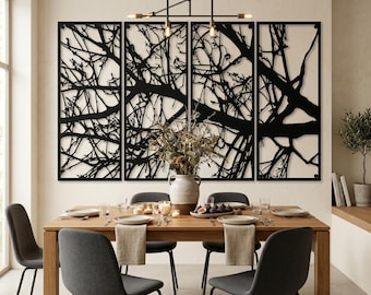 4 Panel Tree Branch Metal Wall Art - Black Nature Wall Decor