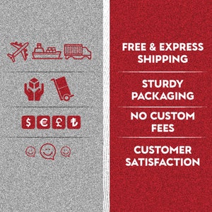 May include: A graphic with red text on a white background highlighting the benefits of shopping online. The text includes "Free & Express Shipping", "Sturdy Packaging", "No Custom Fees", and "Customer Satisfaction".
