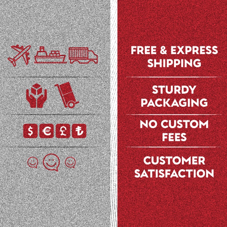 May include: A graphic with red text on a white background highlighting the benefits of shopping online. The text includes "Free & Express Shipping", "Sturdy Packaging", "No Custom Fees", and "Customer Satisfaction".