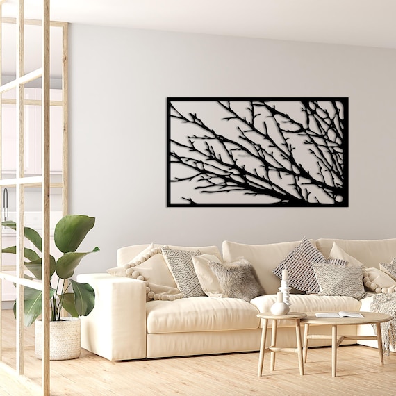 Metal Wall Art – Framed Branch Design, Bronze Finish, Indoor/Outdoor Decoration (34x100cm, Laser Cut Steel)