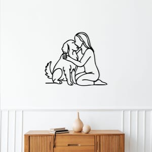 Golden Retriever and Woman Hugging Metal Wall Decor, Pet Lover Gift, On Line Minimalist Wire Art, Modern Dog Wall Hanging, Christmas Gift