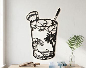 Cocktail Metal Wall Art - Tropical Beach Design - Coastal Home Bar Decor