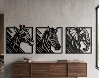 Safari Metal Wall Art - Geometric Giraffe Zebra Elephant Wall Decor