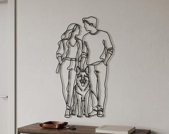 Couple With K9 Dog Metal Line Art - Family Pet Wall Decor - Pet Lovers Gift