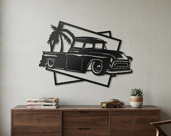 Classic Pickup Truck Metal Wall Art – Retro Palm Tree Decor
