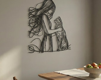 Woman Cat Line Art Metal Wall Decor – Minimalist Cat Lover Gift