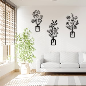Flower in Pot Metal Wall Art, ivy Metal Decor, 3pcs Flower Metal Wall Art, Kitchen Metal Line Art, Unique Birthday Gift, Gift for Her