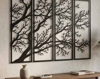 May include: A four-panel black metal wall art set featuring a continuous laser-cut design of bare tree branches. Each rectangular frame contains intricate, sprawling limbs that extend across the panels to form a cohesive, interconnected silhouette.