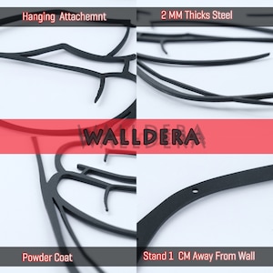 May include: Black metal wall decor with a geometric design. The decor is 2 mm thick and has a powder coat finish. It is designed to stand 1 cm away from the wall.