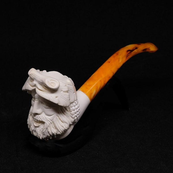 Unique Bacchus Meerschaum Block Pipe with Orange Stem/Genuine Meerschaum Rare Wine God Smoking Pipe/Groomsmen, Birthday & Anniversary Gift