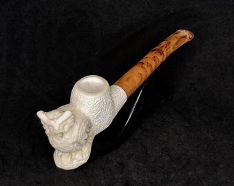 Unique Meerschaum Owl Pipe/Special Artisan Rare Straight Rustic Puhu Smoking Pipe/Birthday Gift