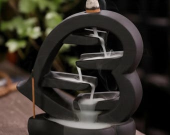 Ceramic Backflow Heart Incense Burner/Stylish Zen Waterfall Sculpture/Birthday Gift for Lover