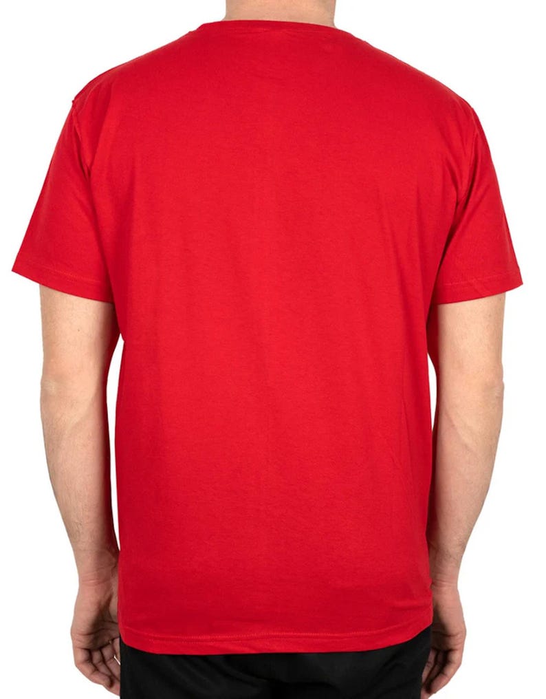 May include: A solid red crew neck t-shirt. The short-sleeved shirt is made of a soft material. The back of the shirt is visible, showing the shoulders and upper arms. The shirt is a vibrant, bright red color.