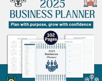Affärsplanerare 2025 i PDF-format, organisatör för småföretag, mall för affärsplan, utskrivbara arbetsblad, visionstavla och måluppföljning