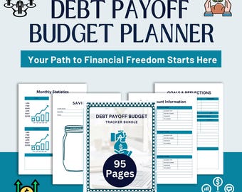May include: A blue and white printable budget planner with the text "Debt Payoff Budget Planner" and "Your Path to Financial Freedom Starts Here". The planner includes sections for monthly statistics, savings, goals and reflections, and account information. The planner is 95 pages long.