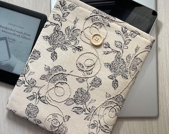 Roses Padded IPad Sleeve, Linen IPad Cover, Embroidery IPad Pouch, Tablet Cover, Tablet Sleeve, Fabric IPad Protector, IPad Jacket