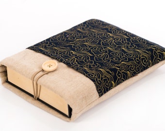 Japan Waves Padded Book Sleeve, Japan Linen Book Sleeve With Pocket, Book Sleeve With Button Closure, Book Accessories, Bookworm gift