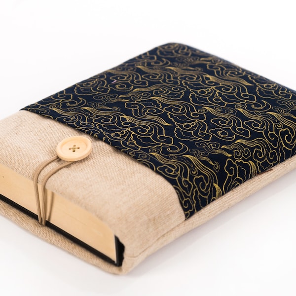 Japan Waves Padded Book Sleeve, Japan Linen Book Sleeve With Pocket, Book Sleeve With Button Closure, Book Accessories, Bookworm gift