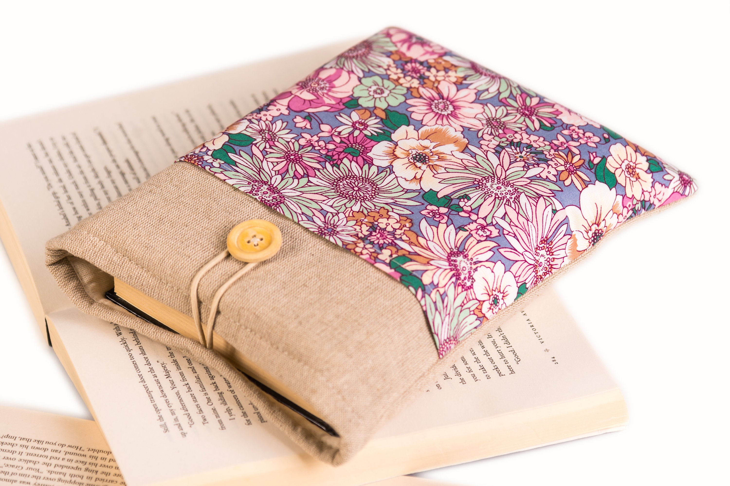Flower Book Sleeve, Linen Padded Book Cover, Linen Book Case.