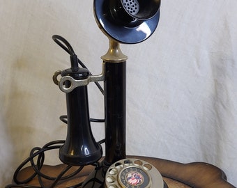 Vintage Black Candlestick Telephone With Rotary Dial