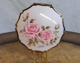 Miroir compact Stratton vintage doré à motif floral