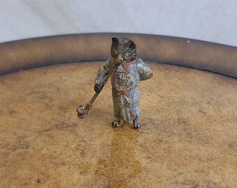 Antique Austrian Cold Painted Bronze Cat Smoking A Pipe By Franz Bergman