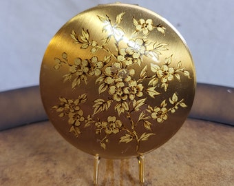 Vintage Stratton Compact Mirror In Gold Tone With Floral Design