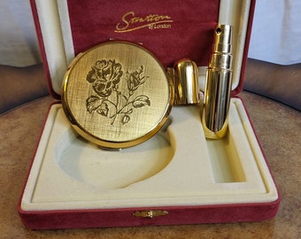 Vintage Stratton Compact Mirror, Perfume Atomiser With Floral Design And Presentation Box