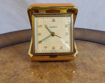 Vintage Lucerne Windup Travel Alarm Clock Switzerland With Brown Leather Case