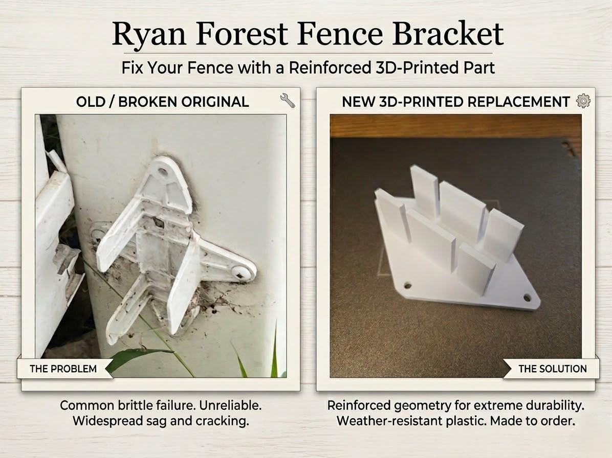 Comparison graphic: the cracked original white PVC bracket on a fence post, labeled The Problem, next to the new white 3D-printed replacement, labeled The Solution.