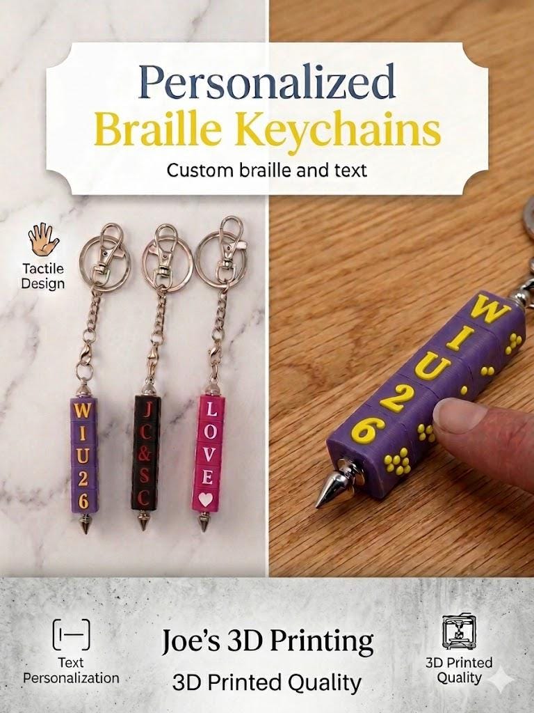 Graphic titled Personalized Braille Keychains: three bead keychains spelling WIU26, JC and SC, and LOVE in raised print and Braille, beside a close-up of a finger touching a purple WIU26 keychain.